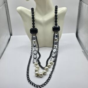 Vintage 1990s Avon SAQ Faceted Black Beads 3 Strand Necklace 34" + 3"